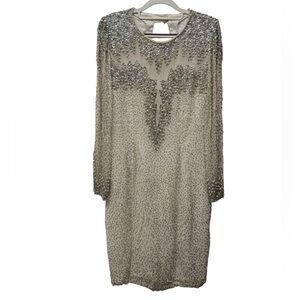 Elegant Vintage Ivory & Silver Beaded Sequin Silk Dress 12